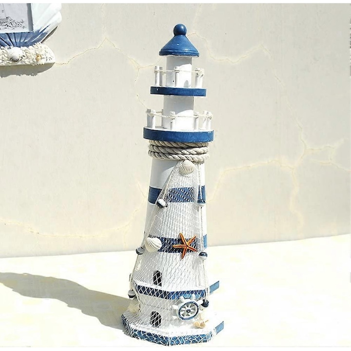 Декоративен дървен фар, 38x12.5 см, морска тематика, ръчно изработен