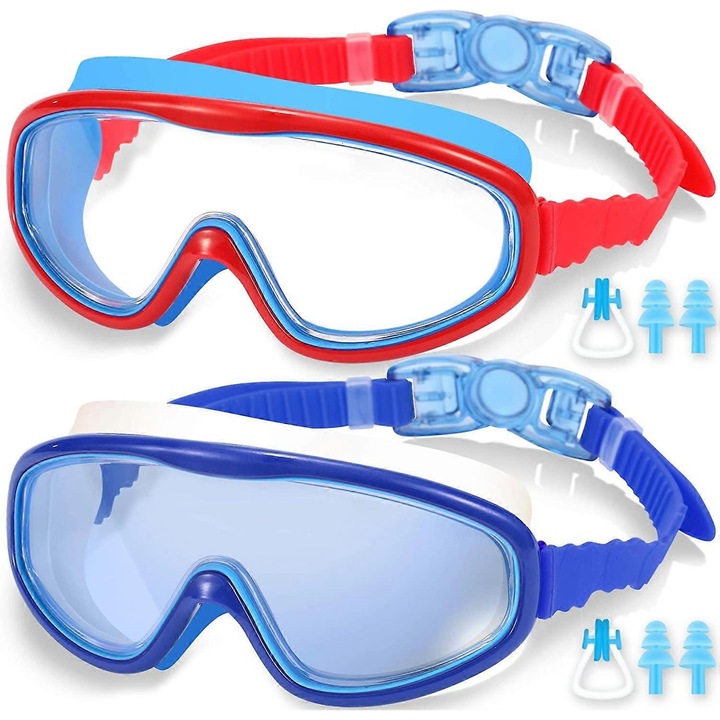Set 2 Ochelari de Inot pentru Copii, Viziune Larga, Waterproof, Protectie UV, 3-15 Ani, Multicolor