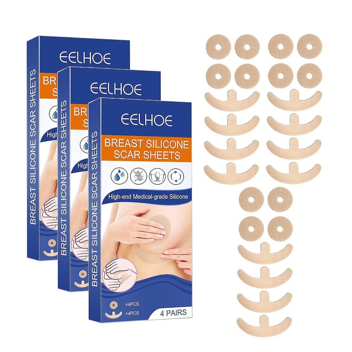 Plasturi din silicon pentru cicatrici, set de 8 bucati, pentru reducerea cicatricilor post-operatorii, culoare bej, dimensiune 4x10cm