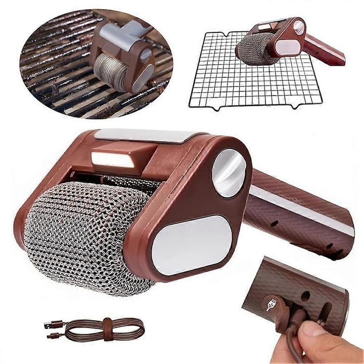 Curatator electric pentru gratar, 304 otel inoxidabil, design fara perii, reincarcabil, cu LED, 2600mAh