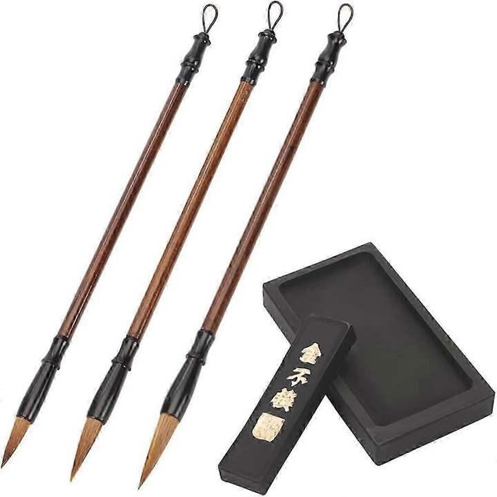 Set de caligrafie chineza, 1 piatra de cerneala, 3 pensule, lemn