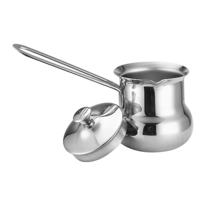 Ibric din otel inoxidabil, 540ml, design turcesc, cu maner lung, 9.5x7cm, 8.5cm inaltime