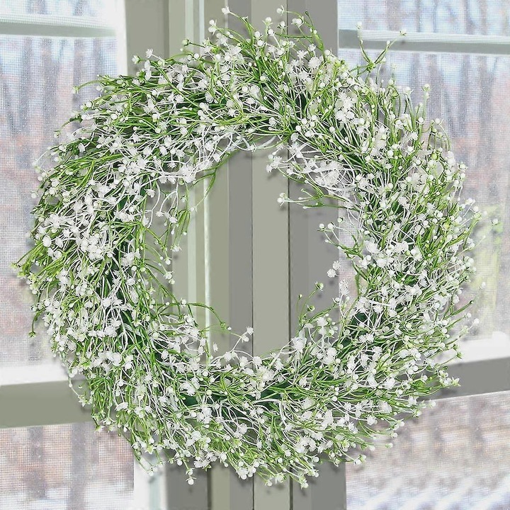 Coroana artificiala Gypsophila, 42cm, fara intretinere, alba, decorativa pentru usa