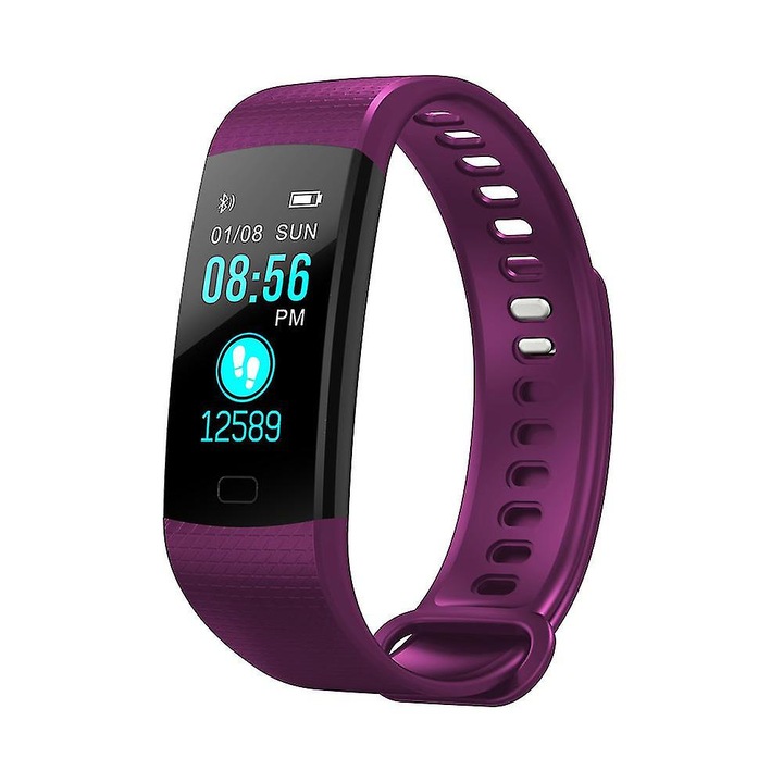 Bratara fitness, IP67, monitorizare ritm cardiac si tensiune, violet, 245mm