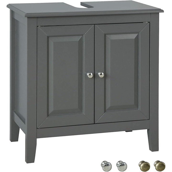 Dulap de baie sub chiuveta, gri, 60x30x62cm, cu usi duble si raft ajustabil