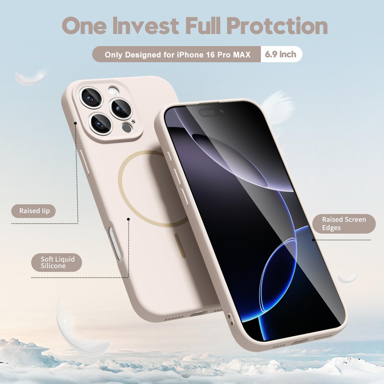 Husa Telefon din Silicon Alb, Compatibila cu MagSafe si iPhone 16 Pro Max, Rezistenta la Socuri, Prietenos cu Pielea, Margini Ridicate pentru Protectia Ecranului si Camerelor, Suprafata Anti-amprenta, Instalare Usoara Fara Scratch