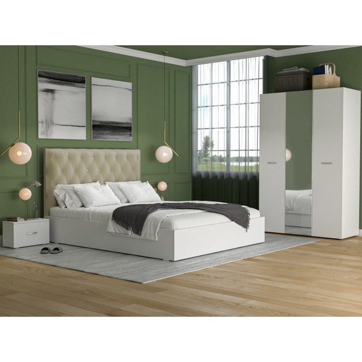 Set Dormitor Mixbo Vera Bej, Sifonier cu Oglinda, Pat 160x200 cm, Doua Noptiere
