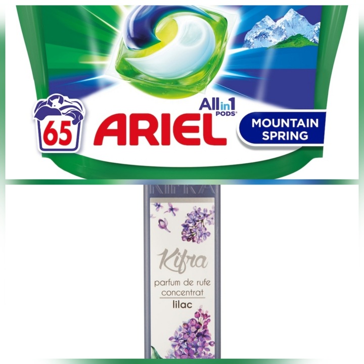 Прах за пране Ariel Montain Spring пакет 65 капсули + концентриран омекотител Kifra Liliac 200 мл, универсален