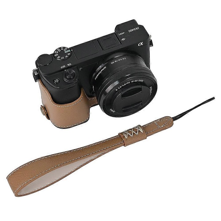 Husa pentru camera Sony A6400/A6300/A6100/A6000, piele PU, deschidere pentru baterie