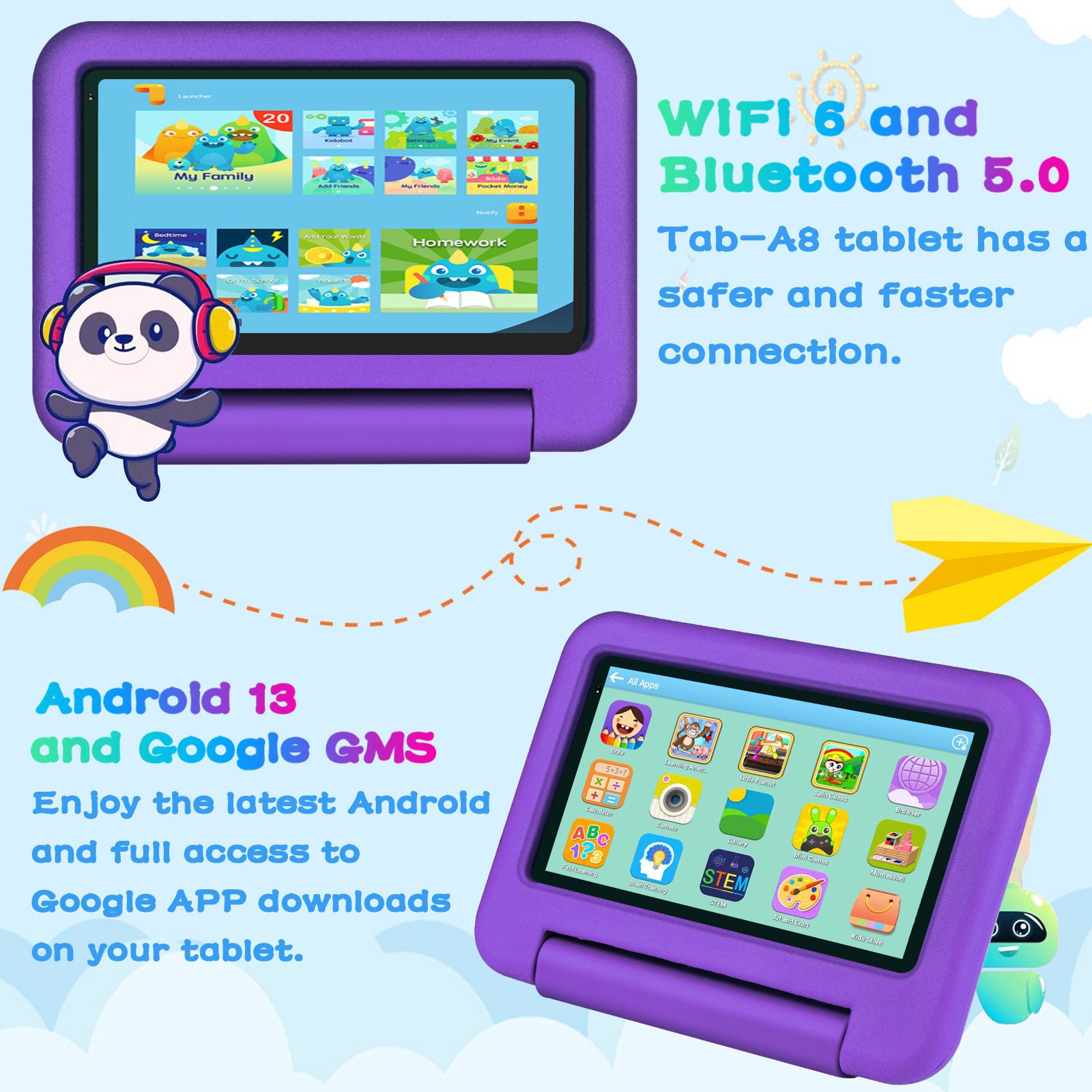 Tableta pentru copii de 7 inch, marca OANGCC, cu Android 13, 7GB RAM+64GB ROM(1TB TF), WiFi 6 Tablet, Quad-Core/BT 5.0/3500mAh, Tableta pentru copii cu control parental, Tableta cu carcasa EVA, Violet