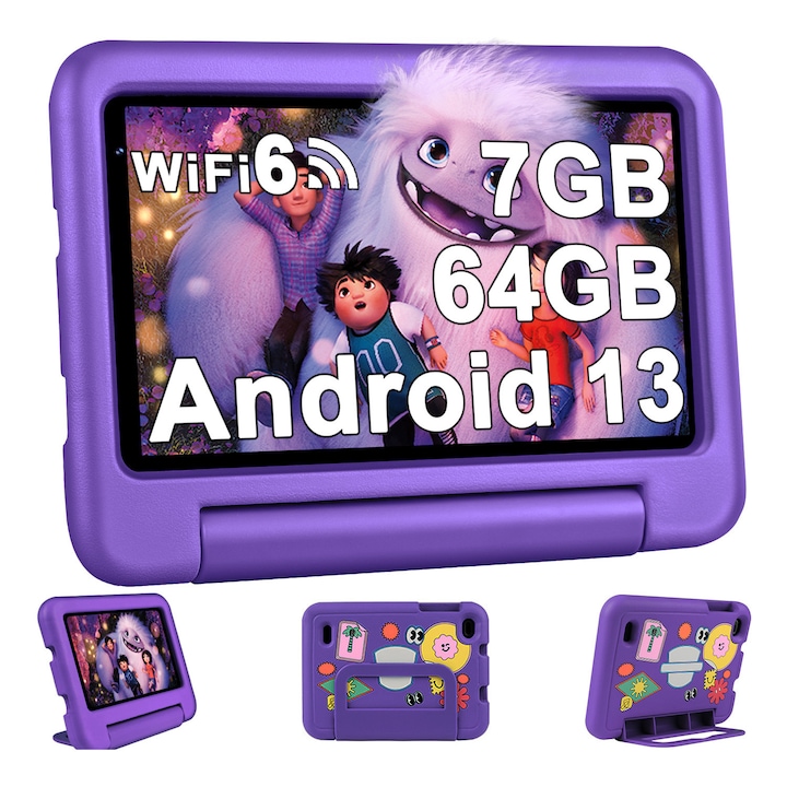 OANGCC 7 hüvelykes gyerek tablet, Android 13, 7GB RAM+64GB ROM (1TB TF), WiFi 6 tablet, négymagos/BT 5.0/3500mAh, szülői felügyelettel, EVA tokkal, lila