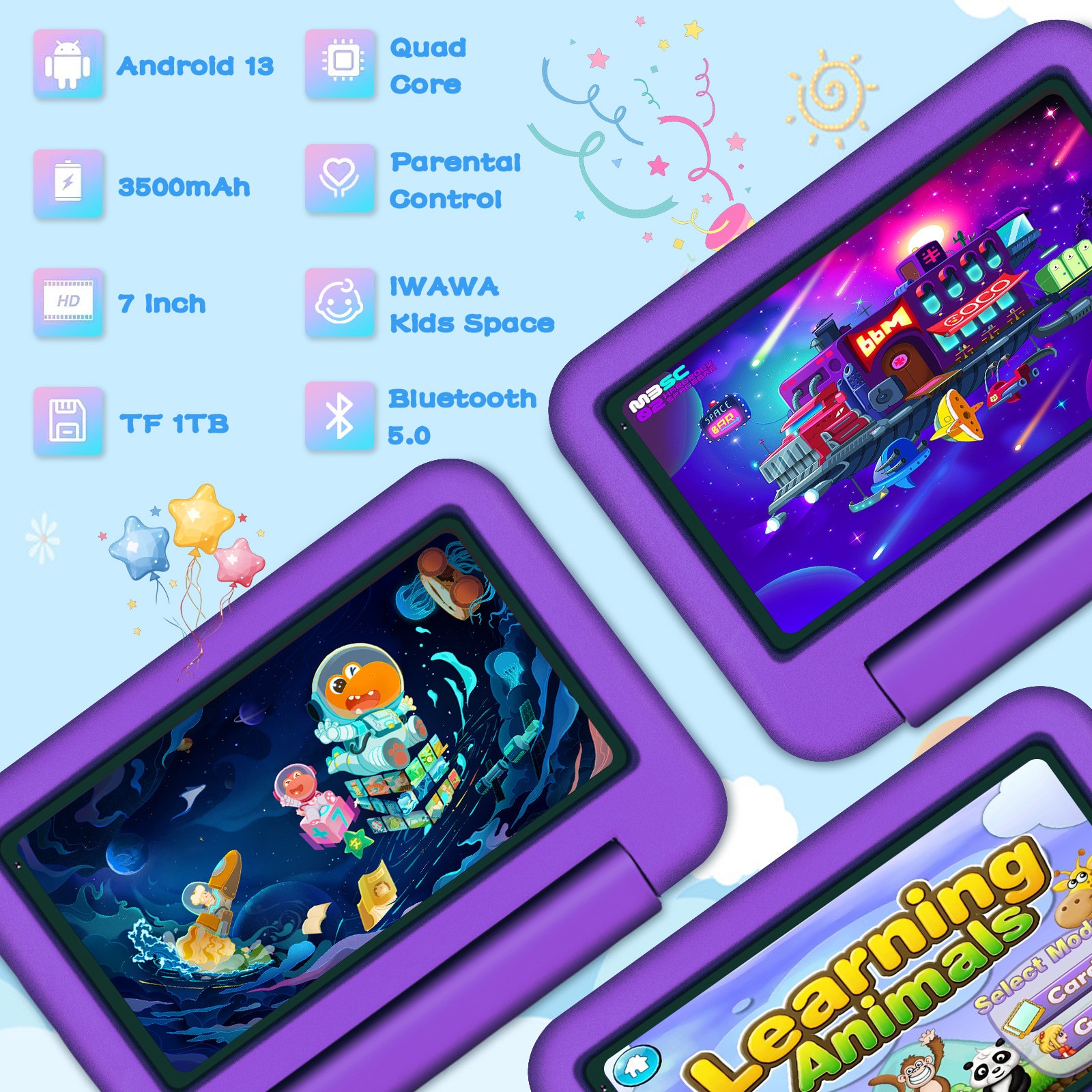 Tableta pentru copii de 7 inch, marca OANGCC, cu Android 13, 7GB RAM+64GB ROM(1TB TF), WiFi 6 Tablet, Quad-Core/BT 5.0/3500mAh, Tableta pentru copii cu control parental, Tableta cu carcasa EVA, Violet