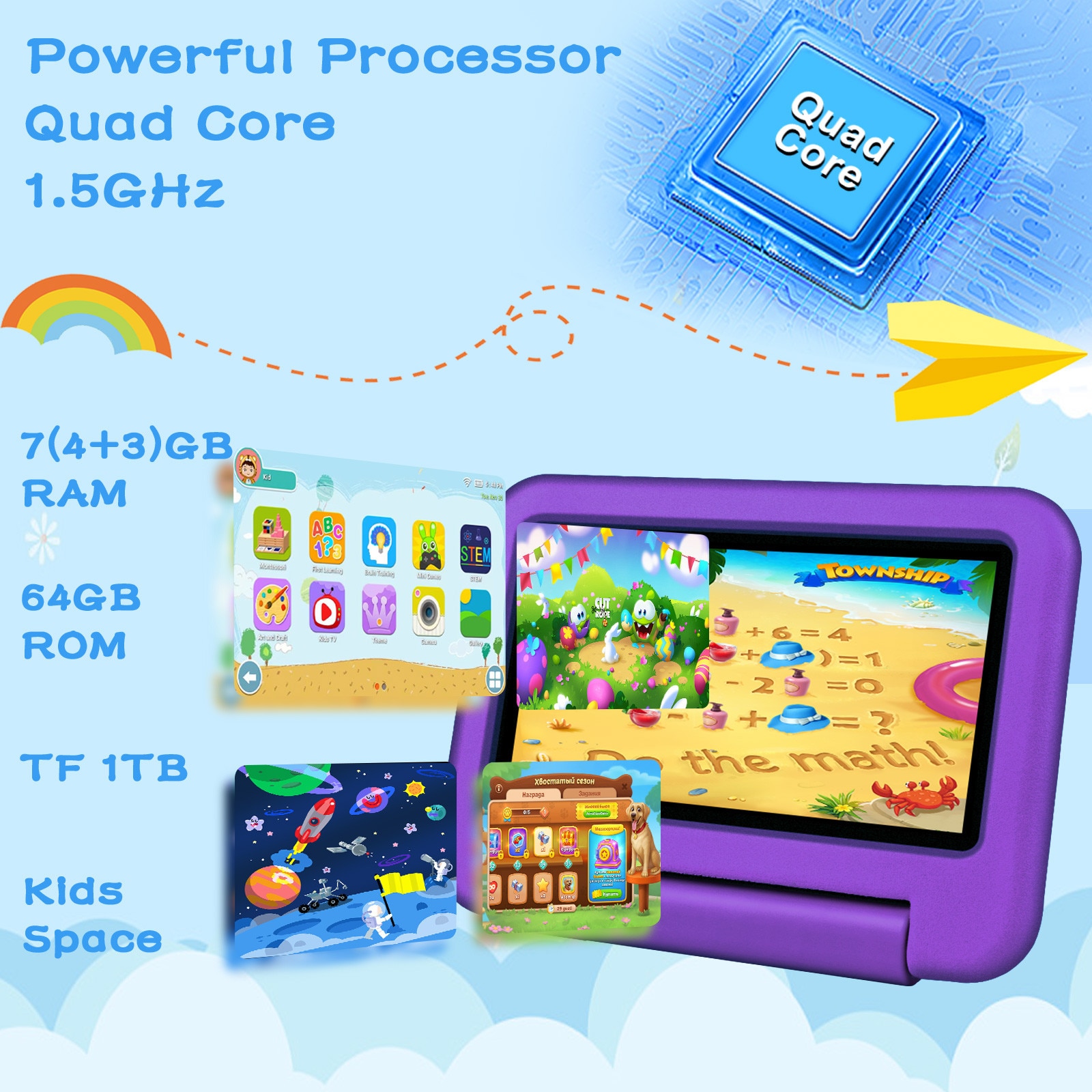 Tableta pentru copii de 7 inch, marca OANGCC, cu Android 13, 7GB RAM+64GB ROM(1TB TF), WiFi 6 Tablet, Quad-Core/BT 5.0/3500mAh, Tableta pentru copii cu control parental, Tableta cu carcasa EVA, Violet