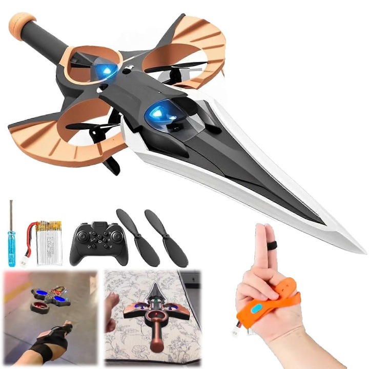 Set avion cu telecomanda, zmeu zburator, manevre 360°, LED-uri luminoase, 18x37.5x4cm