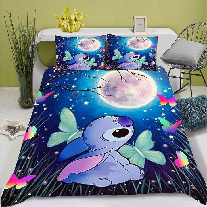 Set lenjerie de pat, Lilo si Stitch, 1 cuvertura 135x200cm, 1 fata de perna 48x75cm, microfibra, fermoar ascuns