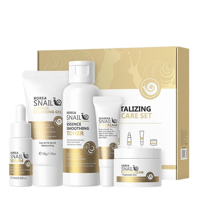 Комплект за грижа за кожата с есенция от охлюв, 5 части, тоник, крем за очи, серум, крем, хидратиращ крем, за всички типове кожа