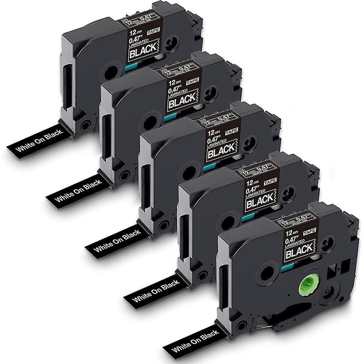 Benzi etichete, TZe-335, alb pe negru, set de 5, 12mm x 8m
