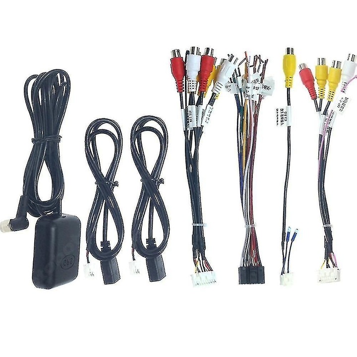 Kit cabluri stereo auto, 16P, 7 piese, cablu video RCA, antena GPS, 10x10x10cm