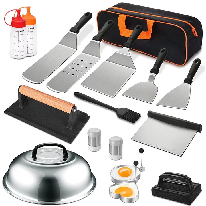 Set 17 ustensile gratar, spatule din otel inoxidabil, accesorii pentru gratar, cu geanta de transport, Negru/Argintiu