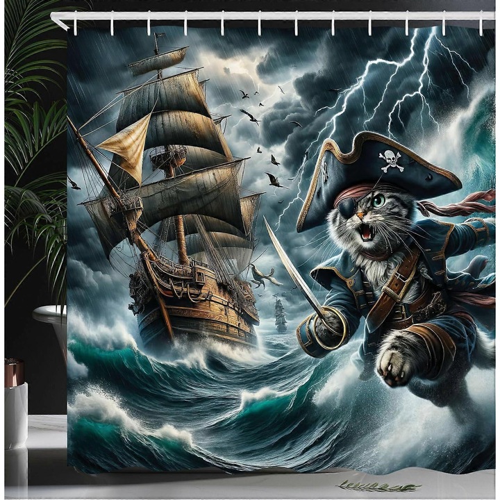 Cortina de dus cu pisici, personaj pirat, imprimeu pe fond albastru inchis, set cu carlige, 72x84 inch