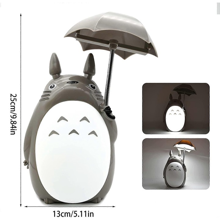 Figurina Totoro din rasina cu lumina de noapte, decor pentru birou si camera, gri, 10x15cm
