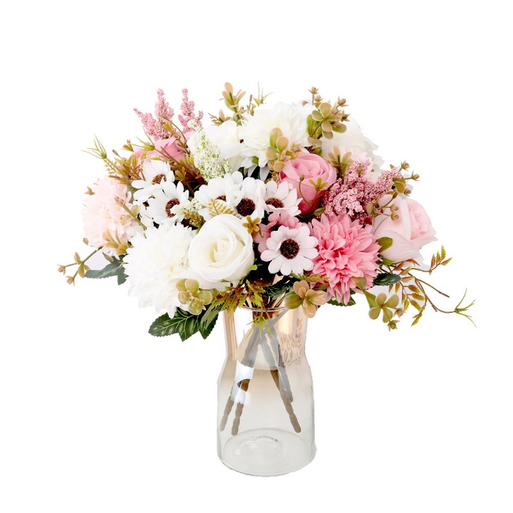 Aranjament floral handmade, roz, 30cm, plastic