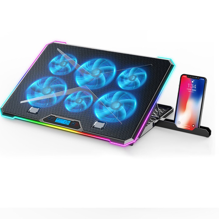 Cooler Gaming RGB Profesional pentru Laptop, Rqiurpn, 41.5*29.8* 2.5 cm, Lumini LED si Ecran LCD, 2 Porturi USB, Negru