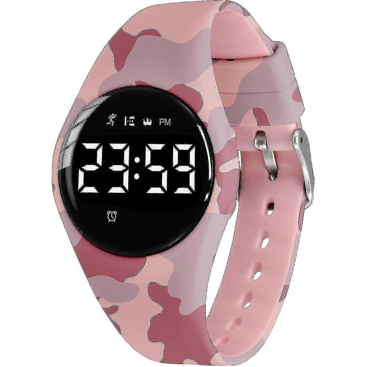 Ceas sportiv digital pentru copii, 5-12 ani, cu tracker de fitness, alarma, rezistent la apa, rosu, 24 cm