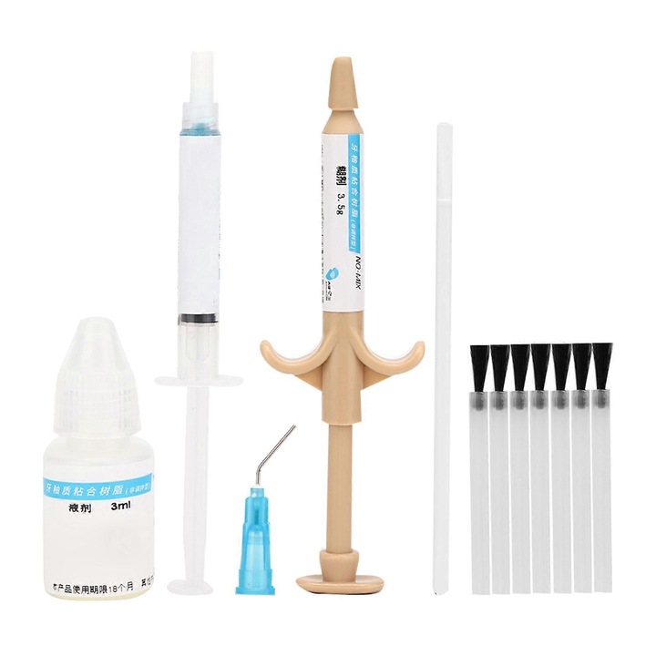 Kit de rasina compusa pentru legarea dentara, 3.5g pasta, 2.5ml acid etch, 7 capete de perie, 1 ac, 1 stilou de amestec
