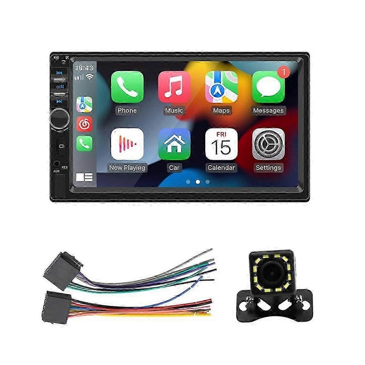 Radio auto 7 inch, Carplay, Android Auto, Bluetooth, camera de marsarier, negru