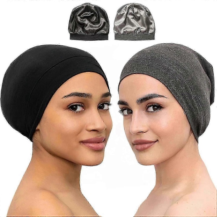 Bonet de somn din satin, set, negru si gri inchis, accesorii pentru par