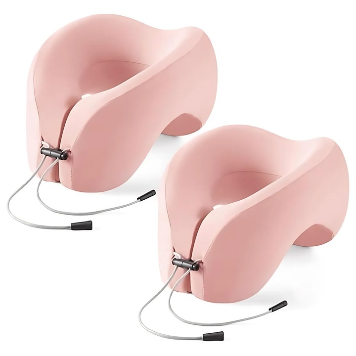 Set 2 Perne Cervicale Ergonomice cu Spuma Memory, Design 360° pentru Gat si Umeri, Husa Detasabila, Reglaj Ajustabil, Pliabile cu Saculet de Depozitare – Roz