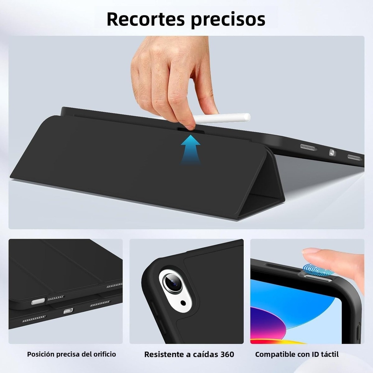 Husa Inteligenta compatibila cu Apple iPad (A16) 11 generatie 2025 / iPad 10th 10.9" 2022, Unghiuri Ajustabile, cu suport pentru stilou, husa inteligenta cu suport pliabil in trei, Negru