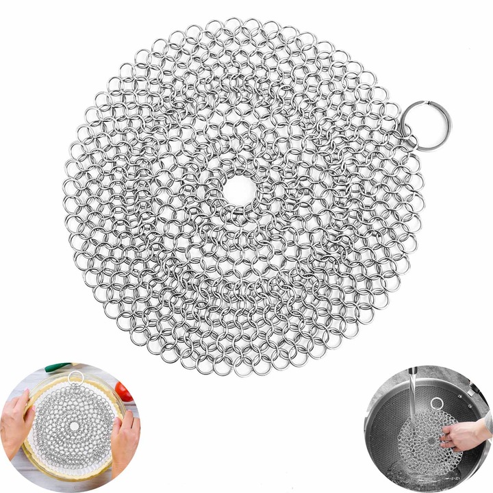 Четка от неръждаема стомана за чугунени прибори, SINBINTA, За почистване на чугун, Кръгла, Неабразивна, Издръжлив и устойчив на ръжда, Лесен за използване и съхранение, За тигани, Чаши, Тави за печене, 17.5*17.5 см, Сребрист