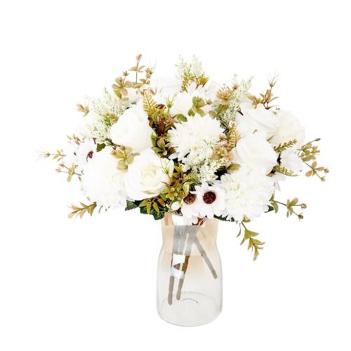 Aranjament floral handmade, alb, 30cm