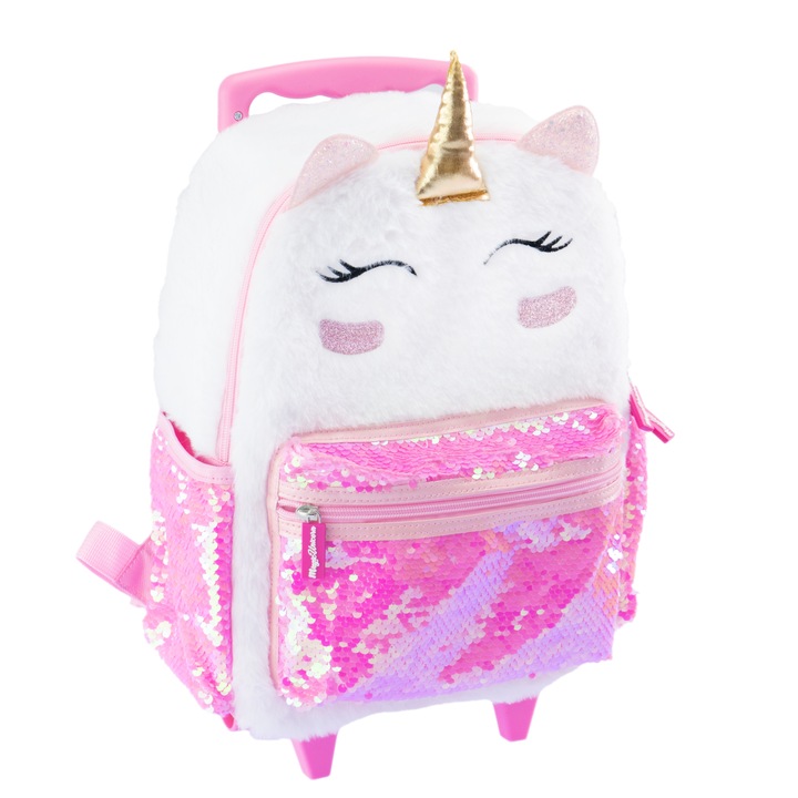 Ghiozdan troler fetita Girabrilla – Unicorn Magic, cu paiete reversibile si roti rezistente, roz