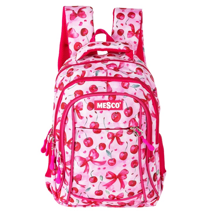 Mesco iskolatáska 4 rekesszel, cseresznyemintás, rózsaszín, 38 x 26,5 x 12 cm
