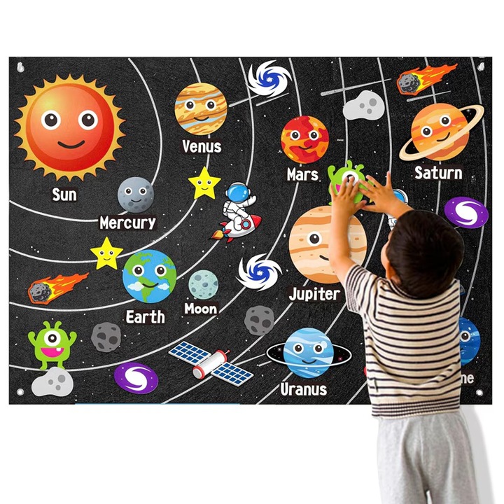 Jucarie din pasla sistemul solar pentru copii, 32 de jucarii din pasla, jucarii Montessori despre spatiu, cadouri de ziua de nastere potrivite pentru fete si baieti, cu planete, jocuri educative potrivite pentru copii de 3, 4, 5, 6, 7 si 8 ani