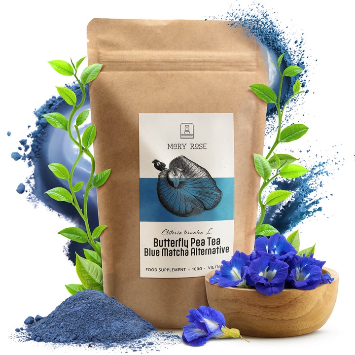 Ceai Blue Matcha Mary Rose, Albastru Pulbere, din Floarea Fluturelui, Butterfly Pea Tea, Clitoria Ternatea, Supliment Alimentar, 100g