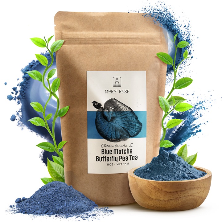 Синя мача чай Mary Rose, синьо прахообразно цвете от пеперуда, Butterfly Pea Tea, Clitoria Ternatea, Хранителна добавка, 100 г