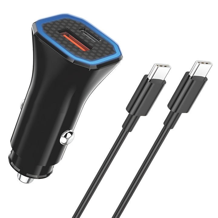 DaDen 38W gyors autós töltő, USB-C - USB-C kábel, USB-A és USB-C (Type-C) kimenet, QC3.0 gyors töltés, 12V-24V kompatibilis, fekete