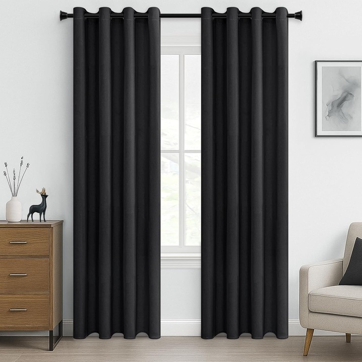 Set 2 perdele MRTREES, opace, prindere cu inele, 140 x 240 cm, culoare negru