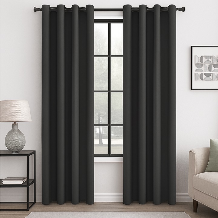 Set 2 perdele MRTREES, opace, prindere cu inele, 140 x 240 cm, culoare gri inchis