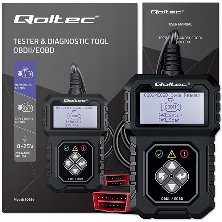 OBD2 EOBD diagnosztikai teszter, Qoltec, 50684, Bemeneti feszültség 8V – 25V, Üzemi áram 52Ma, 2.4'' LCD képernyő, 16 tűs csatlakozó, Méretek 118 x 78 x 20 mm, Fekete