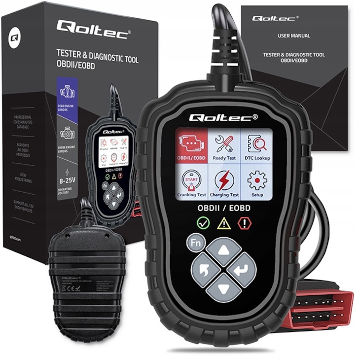 OBD2 EOBD diagnosztikai teszter, Qoltec, 50685, Bemeneti feszültség 8V – 25V, Üzemi áram 52Ma, Színes LCD képernyő 2, 4'', 16 tűs csatlakozó (Standard Obdii), 130 x 85 x 20 mm, Fekete