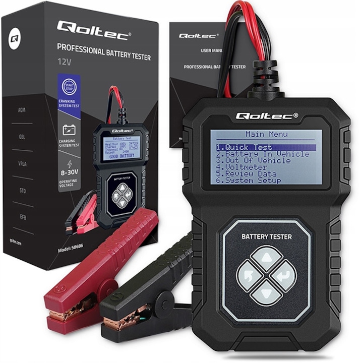 Akkumulátor teszter, Qoltec, 50686, Bemeneti feszültség 8V ~ 30V, LCD kijelző, Piros + fekete krokodilcsipesz csatlakozás, Üzemi hőmérséklet -20˚C ~ +60˚C, Méretek 118 x 78 x 20 mm, Fekete