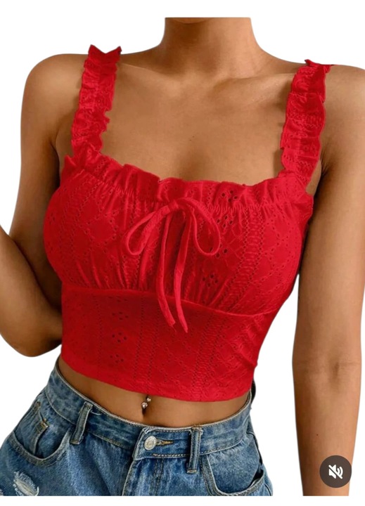 Női ujjatlan trikó, piros, lezser, húzózsinórral, rövid, S