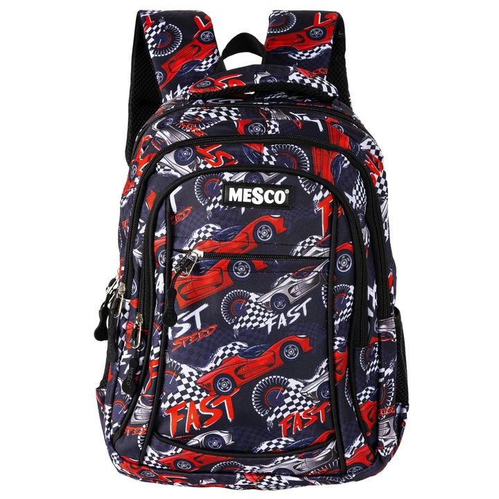 Ghiozdan Avaleea Mesco 4 compartimente, Model Masini, Multicolor, 38x26.5x12cm