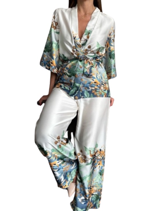 Compleu casual-elegant Gloryland, pantaloni largi cu buzunare, bluză cu maneca 3/4, multicolor, mărime universala