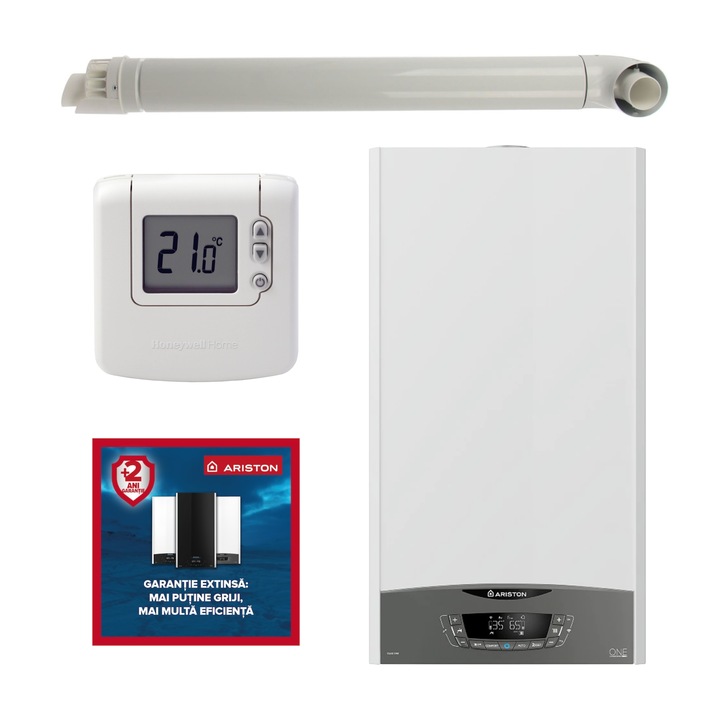 Pachet centrala termica pe gaz in condensare, Ariston Clas One 24 kW, murala, Wi-Fi, kit de evacuare, termostat Honeywell DT92 si cupon garantie extinsa 2 ani (total 5 ani) incluse